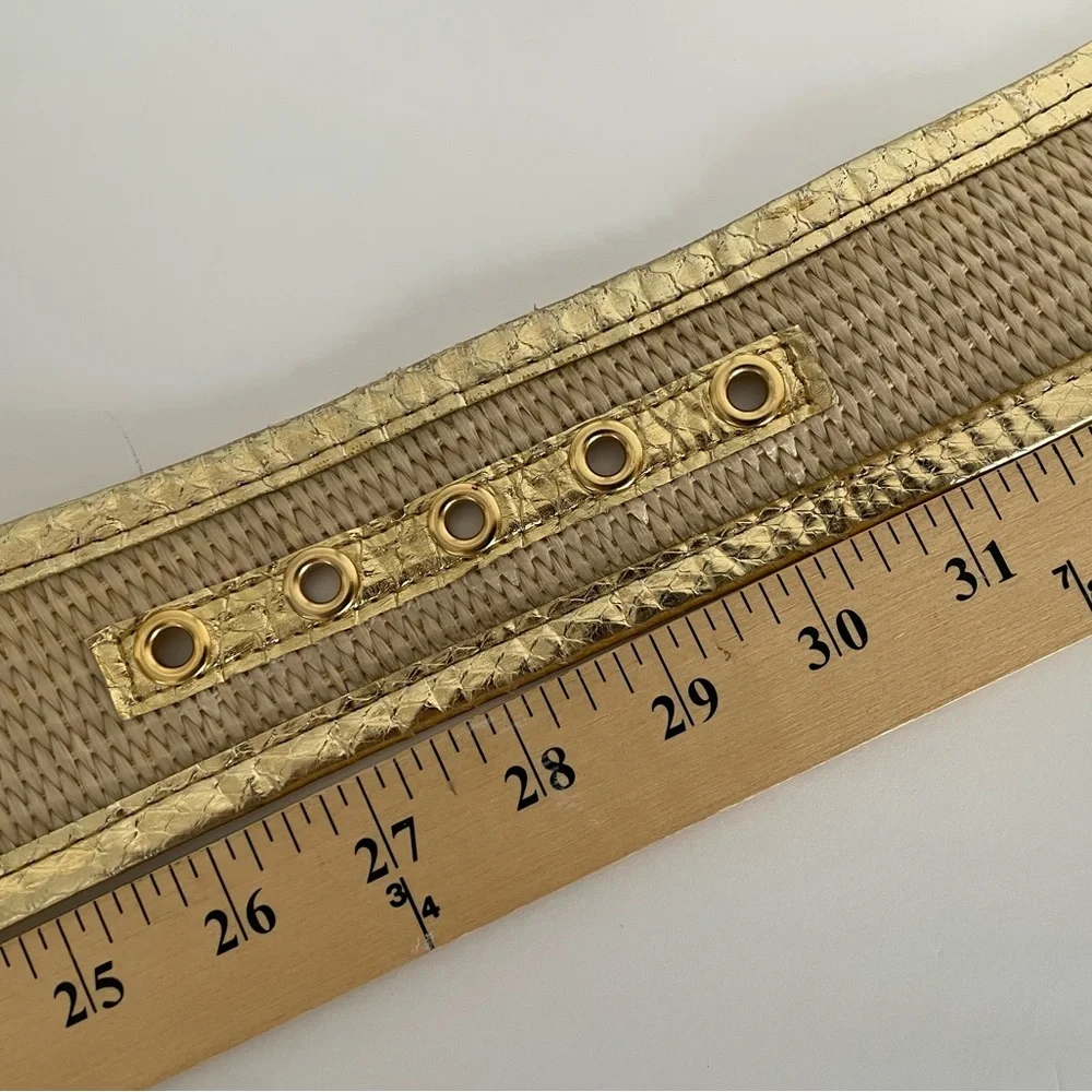 VTG: Genuine Snake Leather & Straw Wide Belt Metallic Gold/Natural Tan
